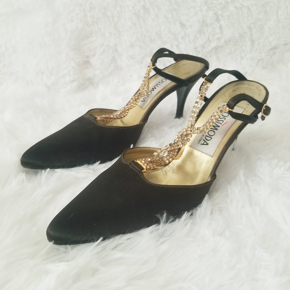 Rossimoda Brown Pointed Slingback Heels with Gold Chain T-Strap